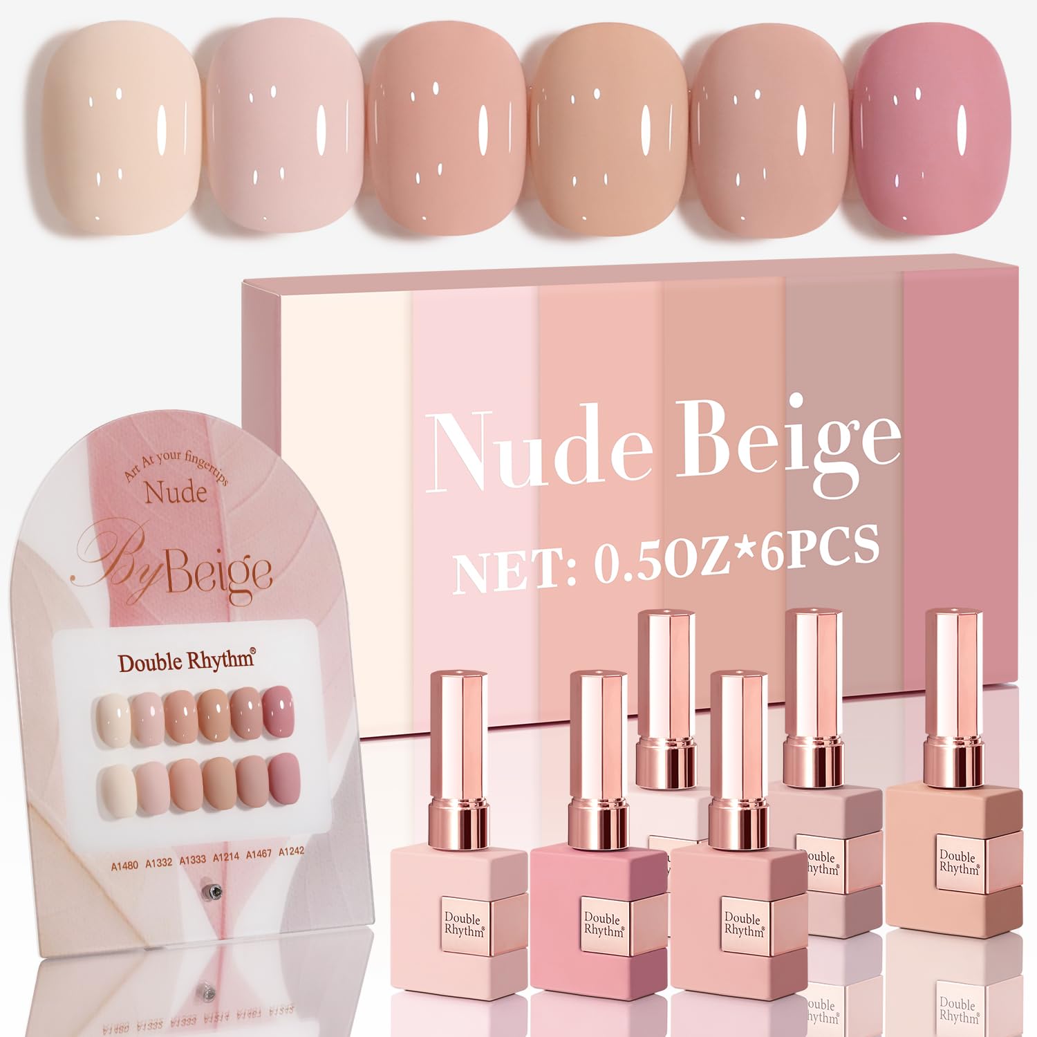 Double Rhythm gel polish set bottle in nude shades for at-home manicure.