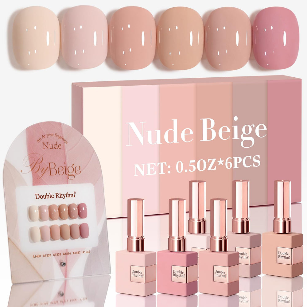 Double Rhythm gel polish set bottle in nude shades for at-home manicure.