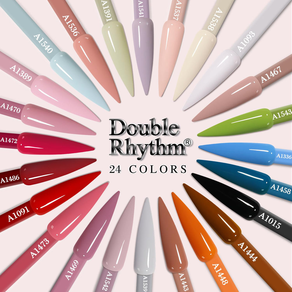 Double Rhythm base and top gels provide strong, glossy nails