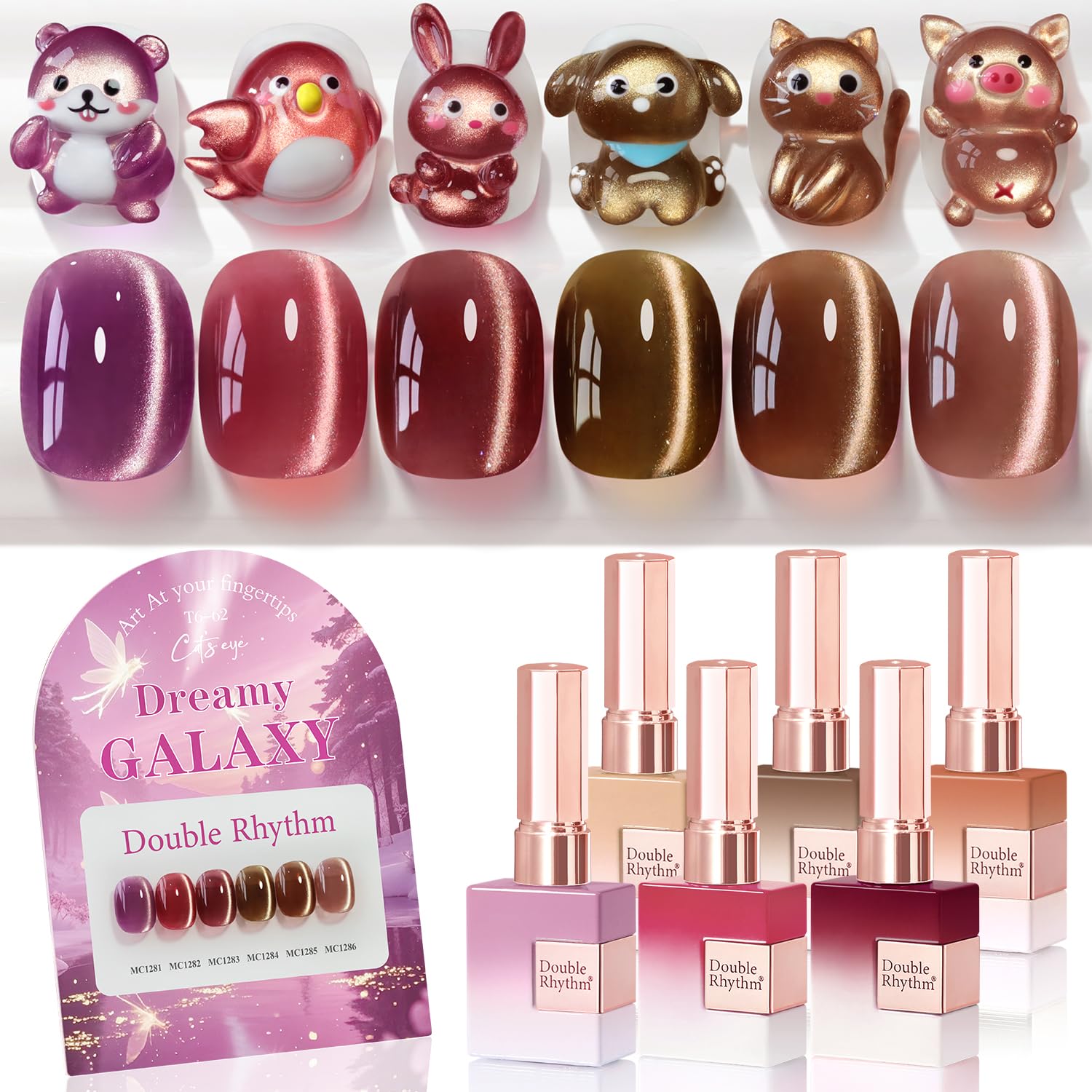 Double Rhythm cat-eye gel nail polish rose shimmer for an elegant at-home manicure.