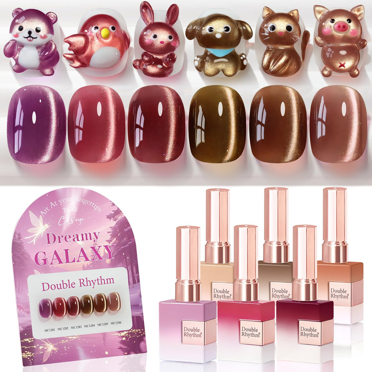 Double Rhythm cat-eye gel nail polish rose shimmer for an elegant at-home manicure.