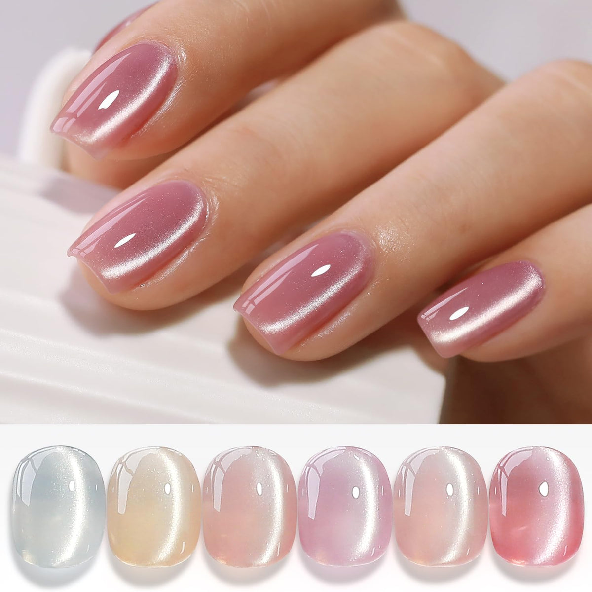 Double Rhythm cat-eye gel polish kit with six colors and magnet for customizable eye-cat effects.