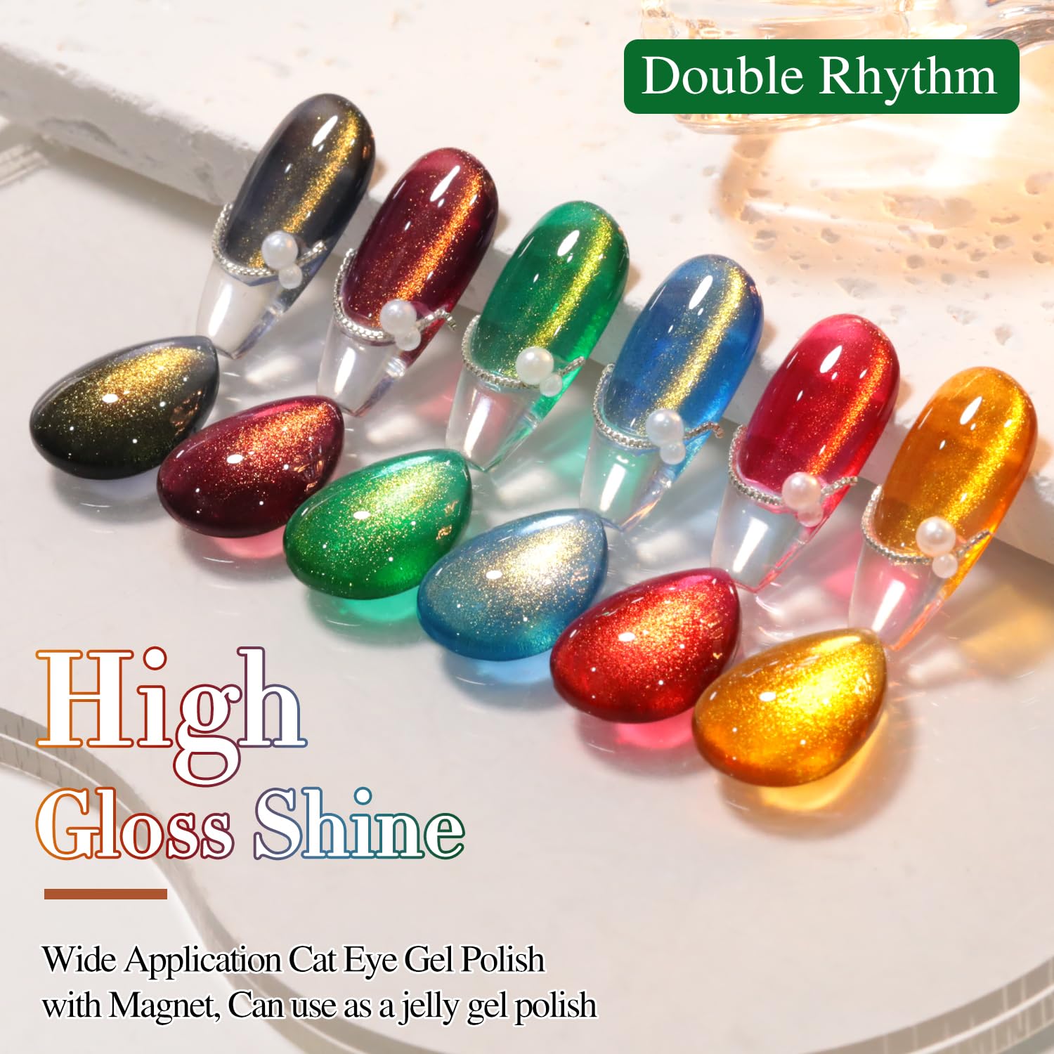 Double Rhythm cat eye polish color swatches show the six finishes for easy selection.