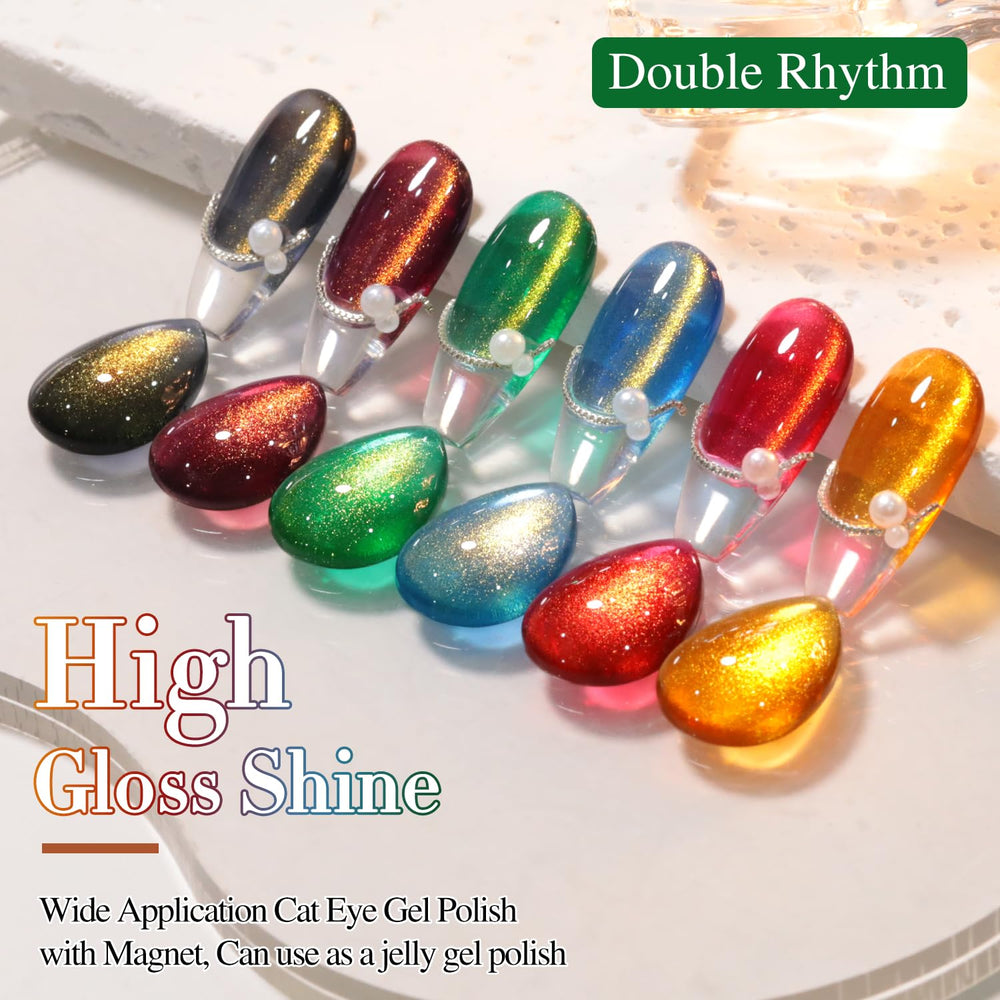 Double Rhythm cat eye polish color swatches show the six finishes for easy selection.