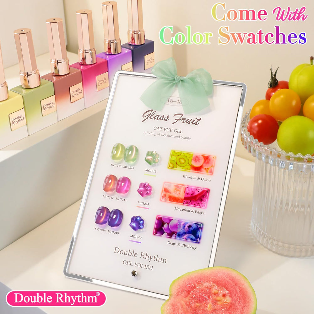 Double Rhythm fruit cat eye polish in glass green shimmer showing vibrant color.