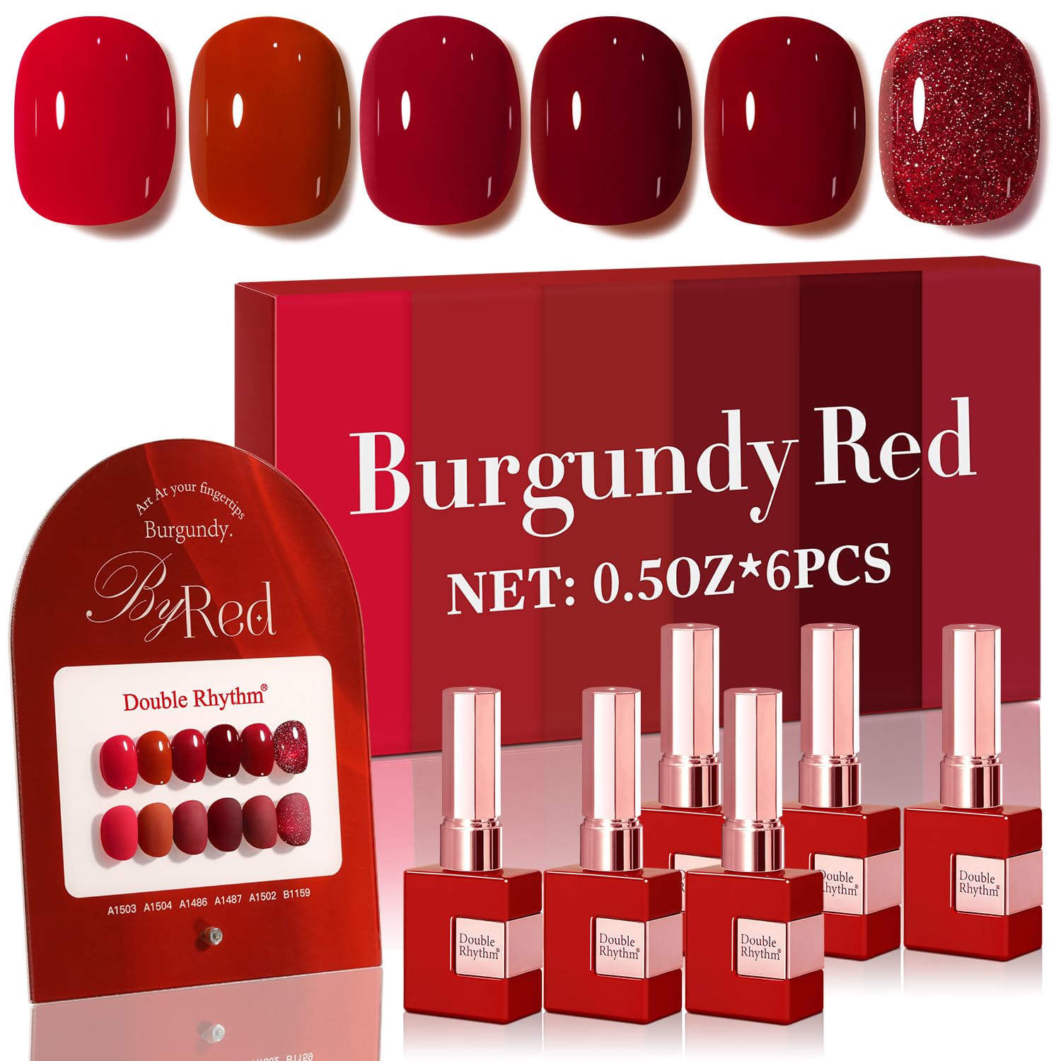 Double Rhythm glitter burgundy bottle showcases bold color for durable gel nails.