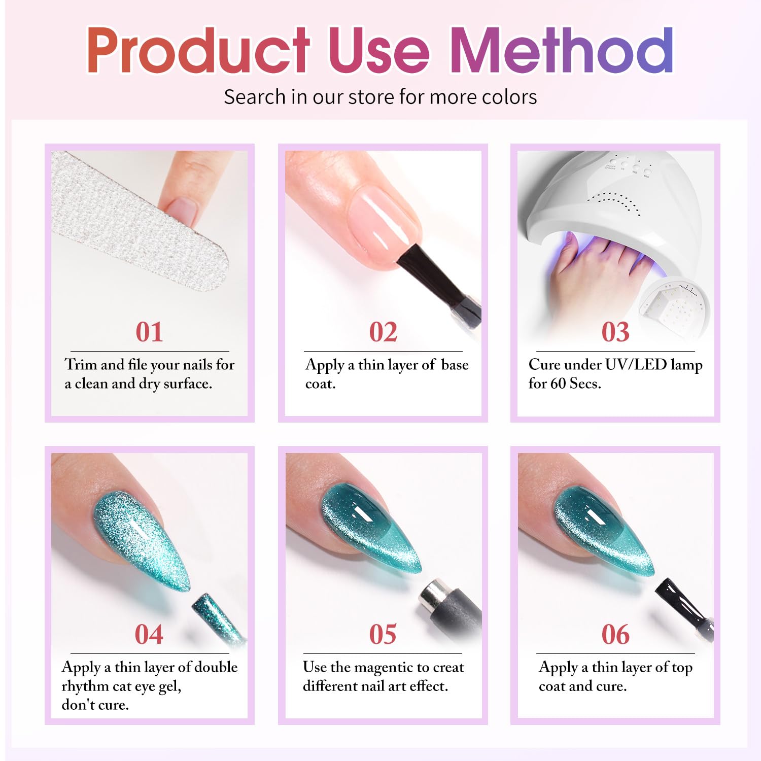 Packaging of Double Rhythm magnetic tool and cat eye gel kit with usage tips.