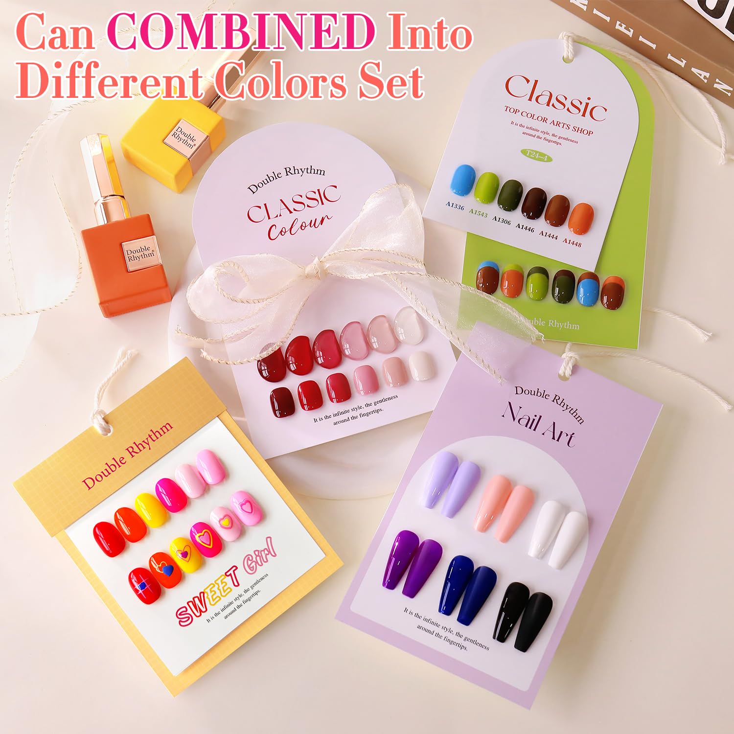 Double Rhythm at-home nail art setup with glossy color options for DIY fun.