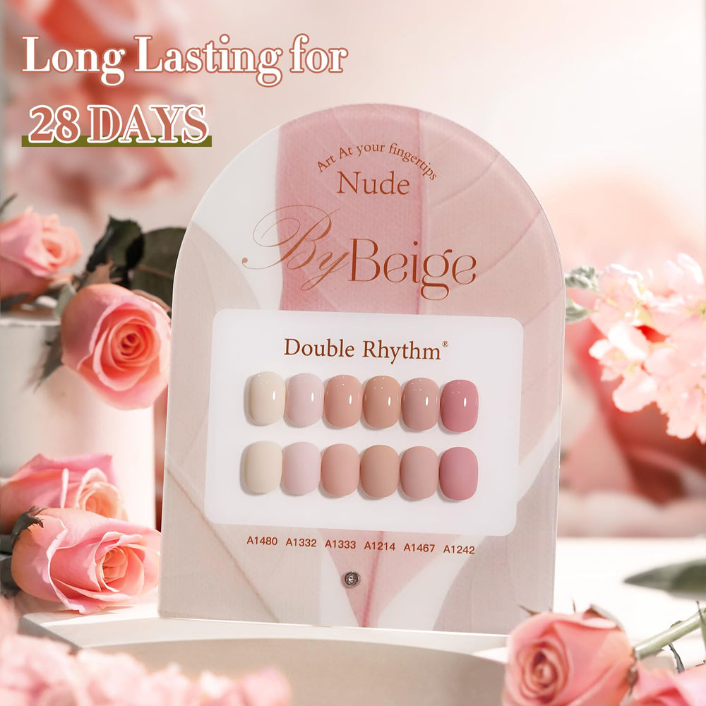 Double Rhythm shimmering nude gel polish on nail for elegant look.