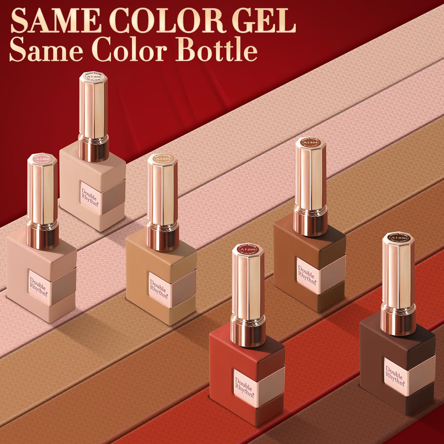 Double Rhythm beige gel polish swatch pairs with subtle nude looks.