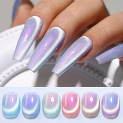 Double Rhythm cat-eye gel polish set swatches show six shimmering colors for DIY nails