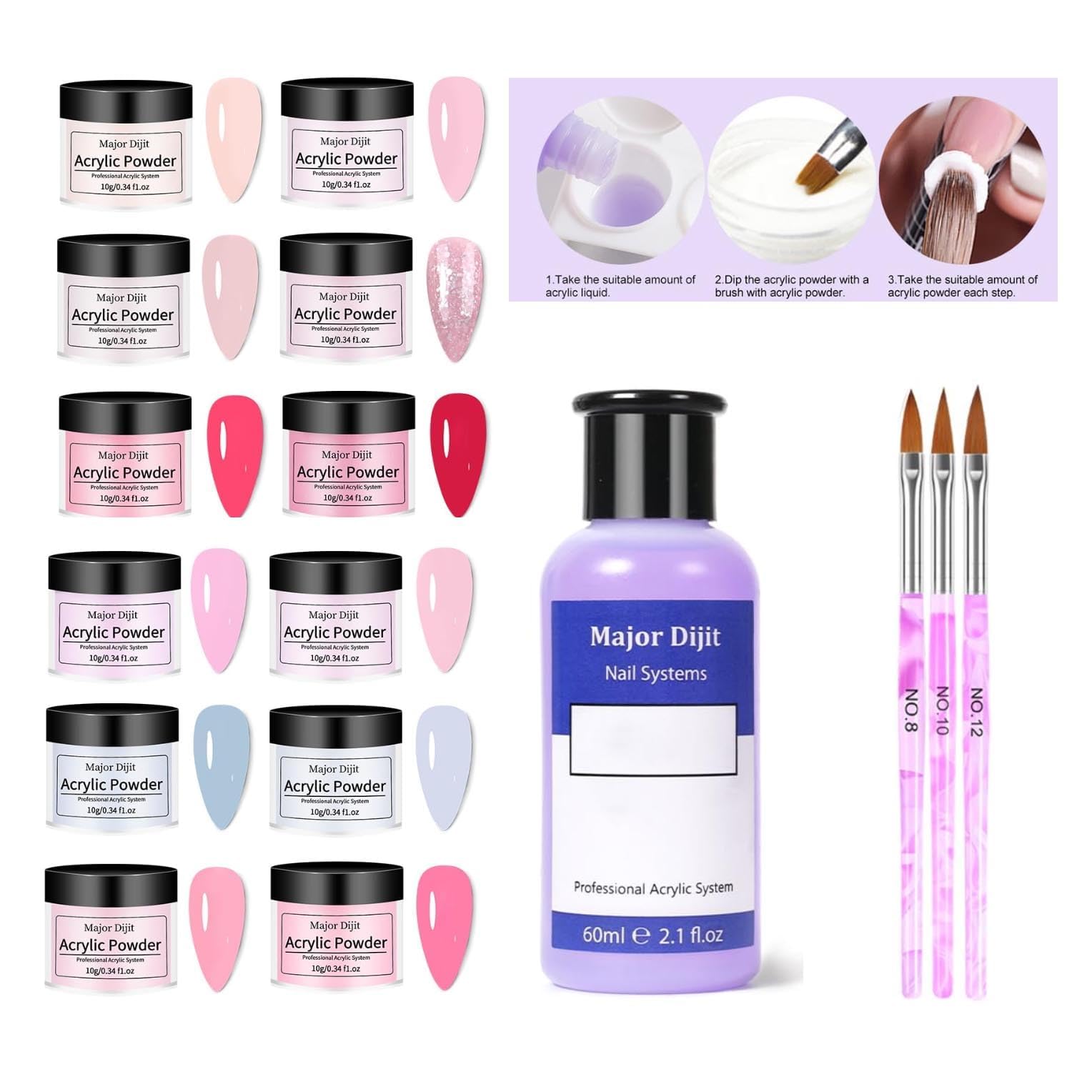 DouborQ 12-color acrylic powder set for versatile nail art and natural-looking fills.
