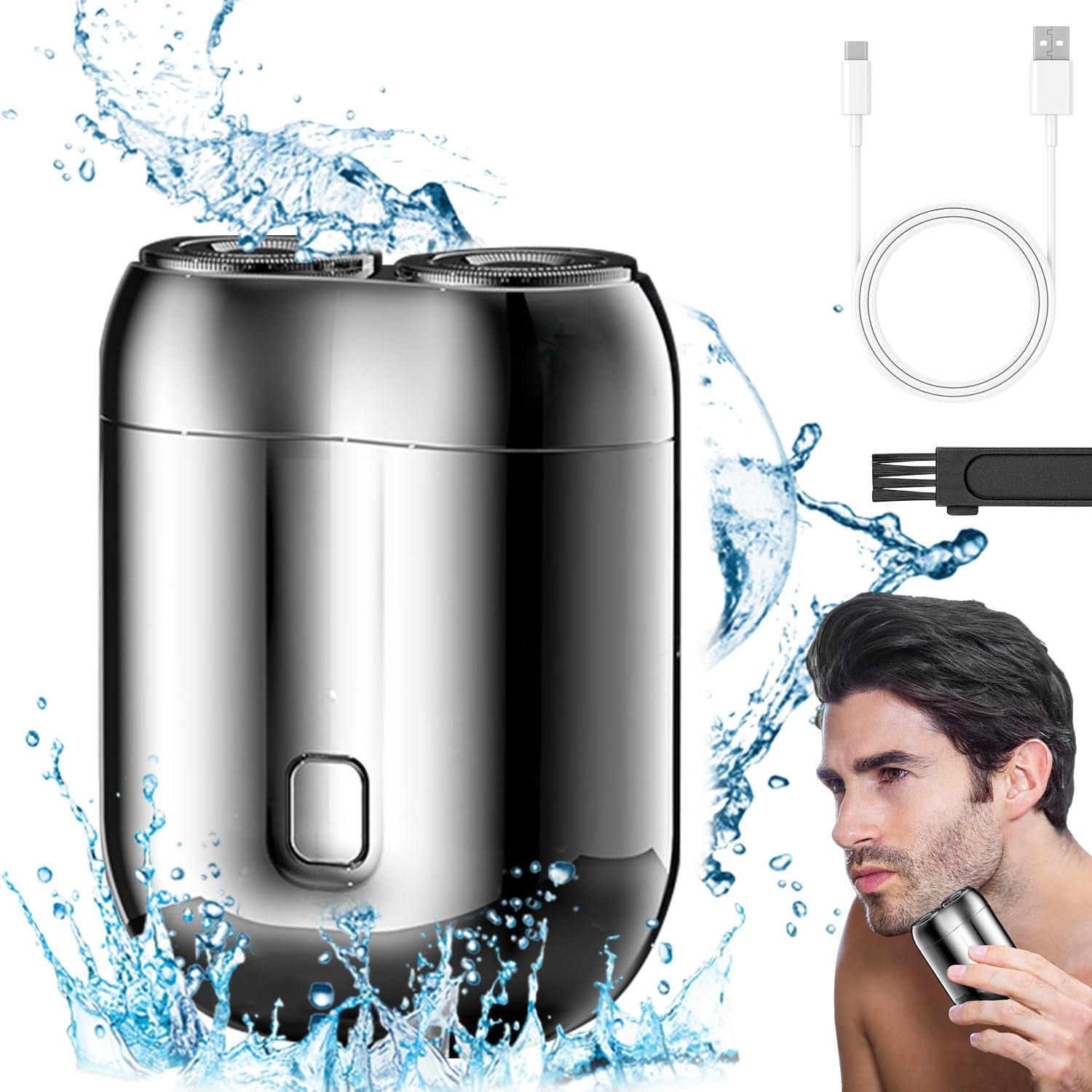 DOUNIU mini dual-head shaver silver front view for travel-ready grooming