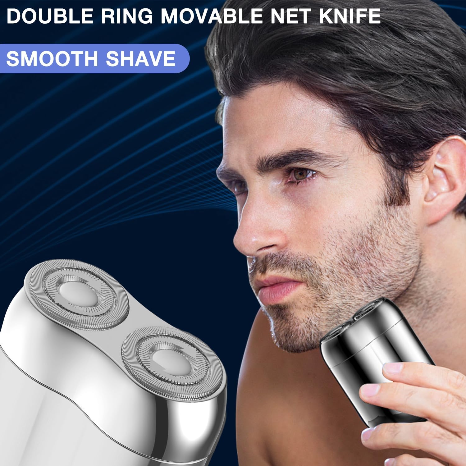 DOUNIU mini dual-head shaver silver in hand demonstrates portable shaving on the go