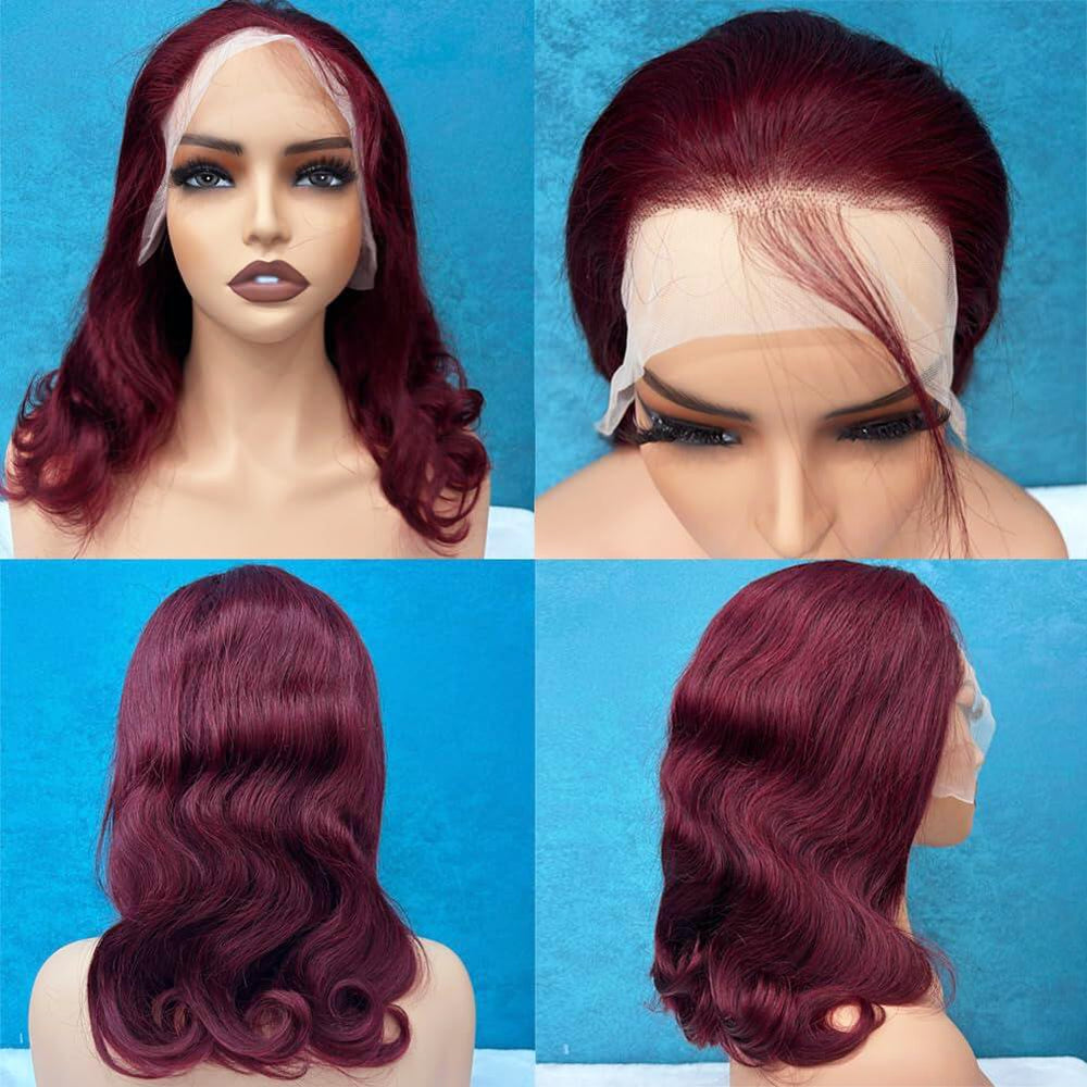 Douyin 99J Burgundy Bob Wig close-up of baby hairs for natural edge.