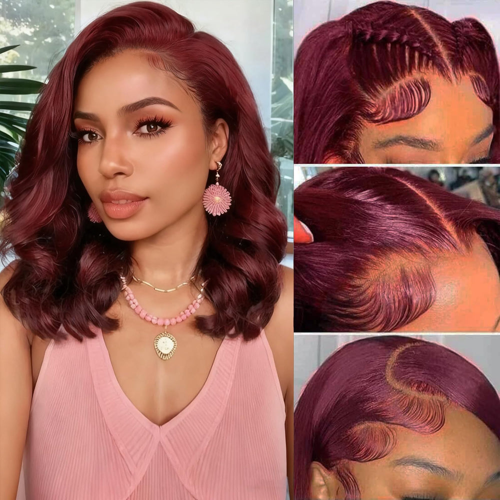 Douyin 99J Burgundy Bob Wig HD lace front close-up for natural hairline.