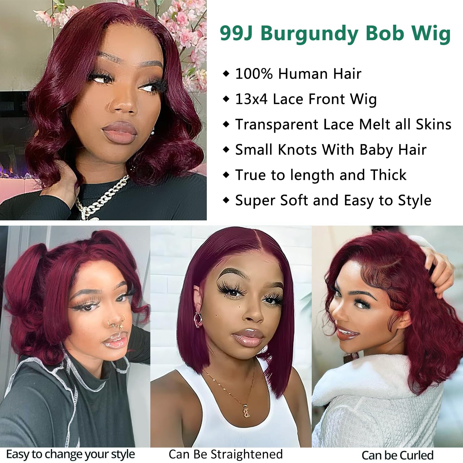 Douyin 99J Burgundy Bob Wig worn on head showing a realistic part.