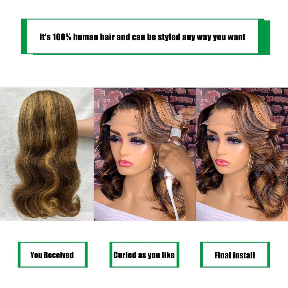 Douyin Honey Blonde Bob Wig 14-inch glueless-cap area demonstrates secure fit.