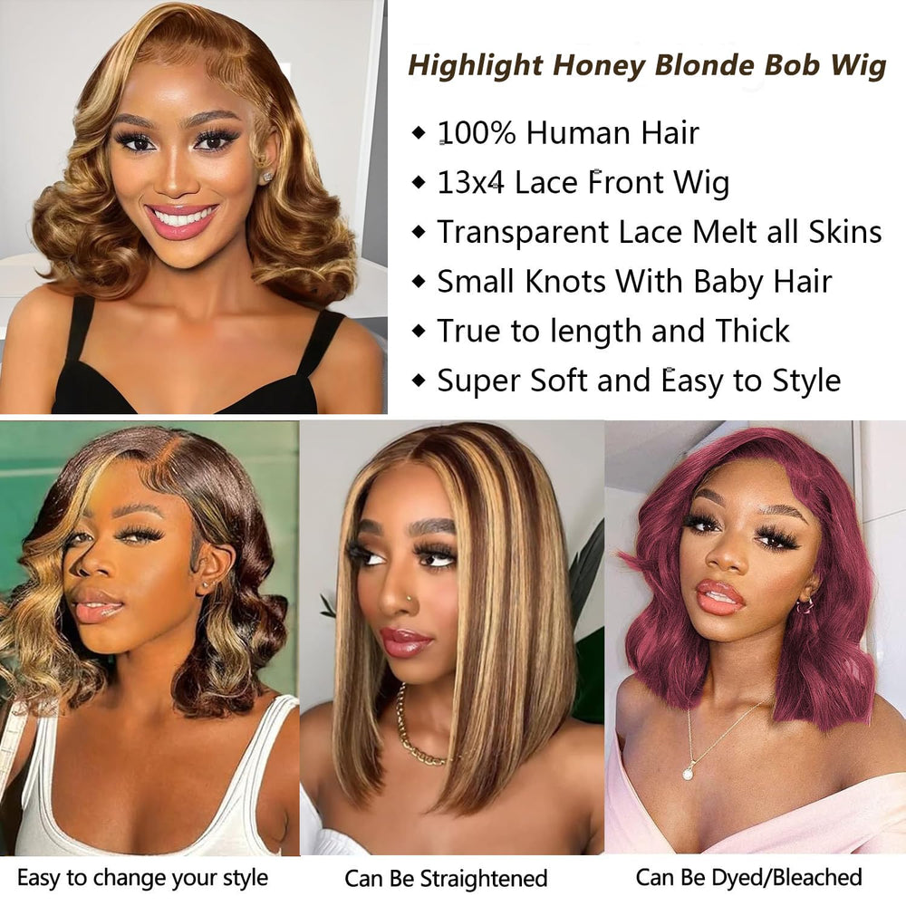 Douyin Honey Blonde Bob Wig 14-inch lace-front close-up natural part.