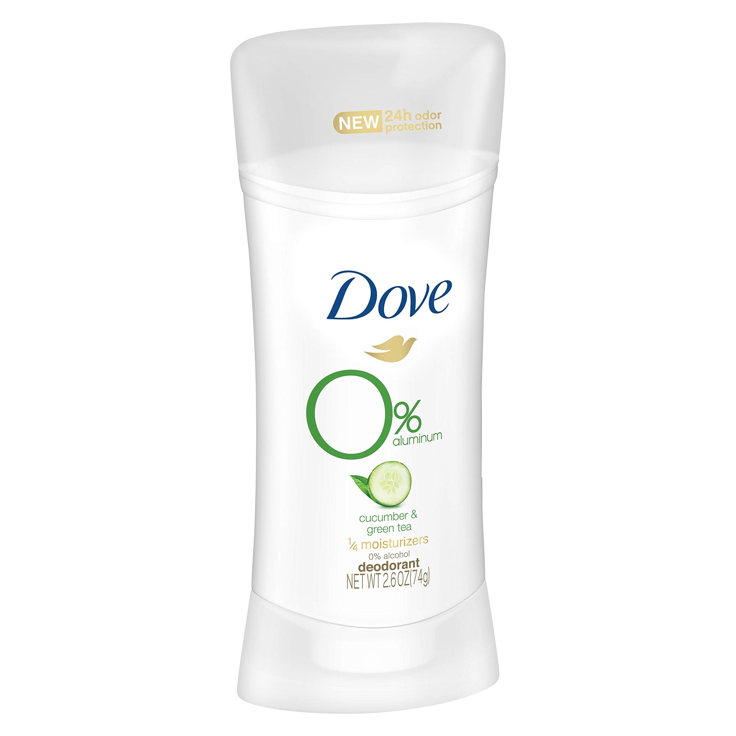 Dove 0% aluminum deodorant front view emphasizes aluminum-free formula and gentle care.