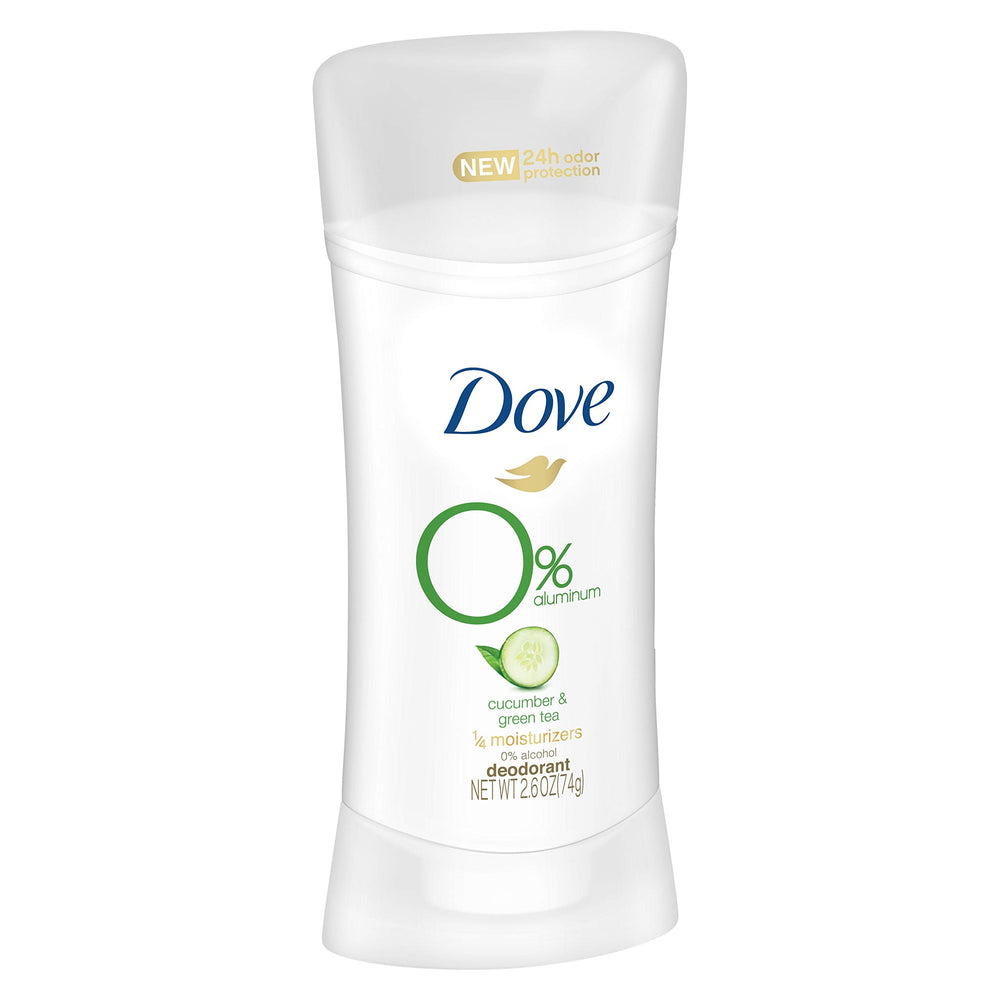 Dove 0% aluminum deodorant front view emphasizes aluminum-free formula and gentle care.
