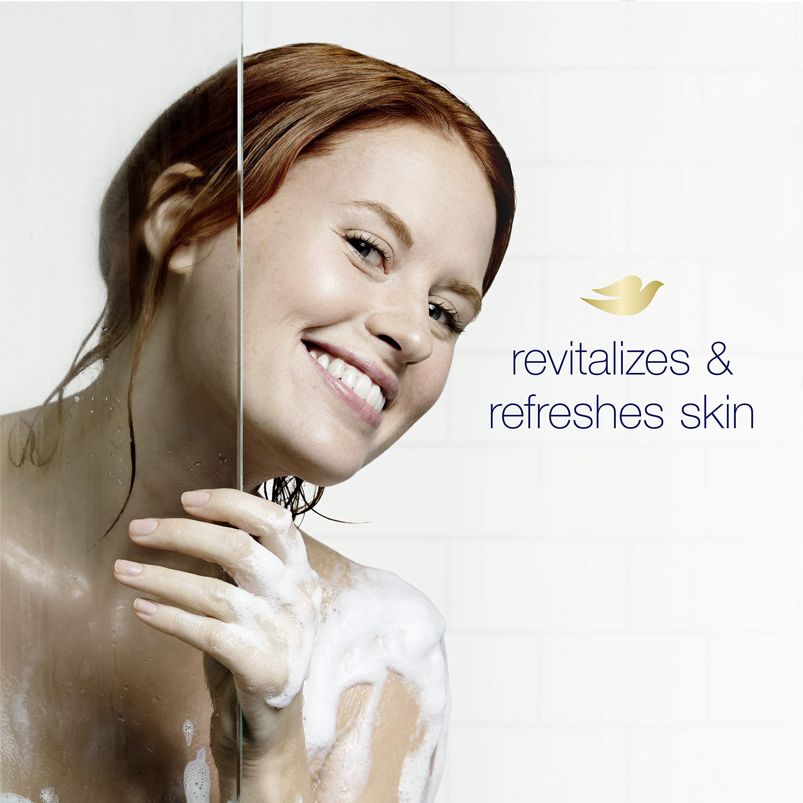 Dove 100% recycled plastic bottle label communicates sustainable packaging.