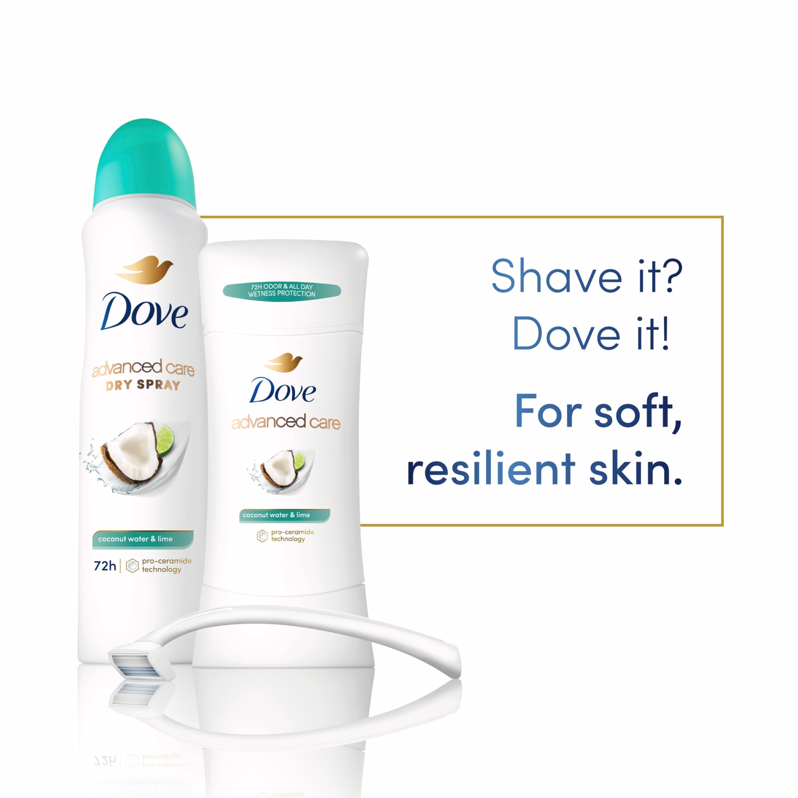 Dove 72-hour odor control graphic on can illustrates long-lasting protection.