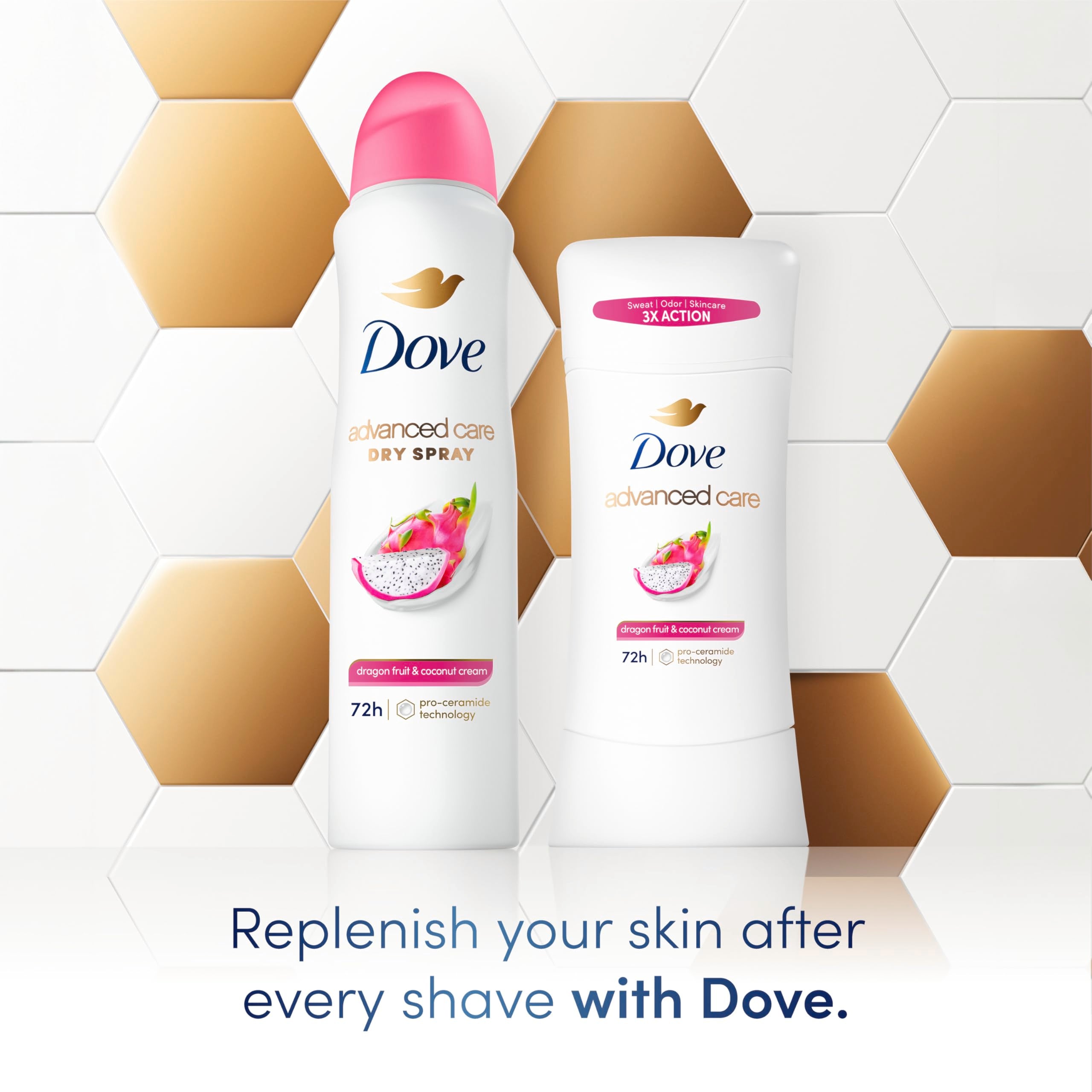 Dove Advanced Care 72-hour protection label emphasizing long-lasting odor and sweat control.