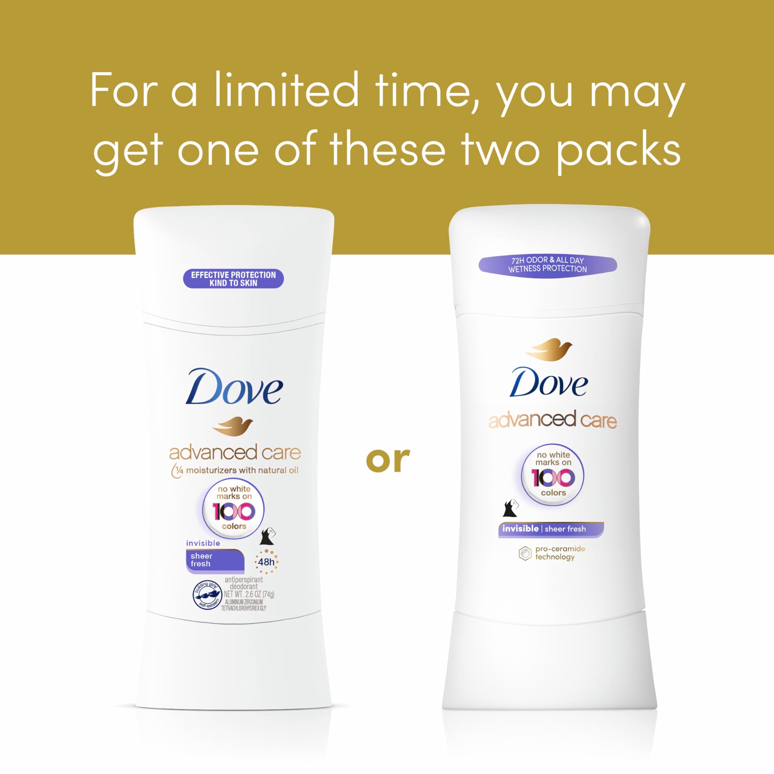 Dove Advanced Care 72-hour protection visual highlights long-lasting odor control.