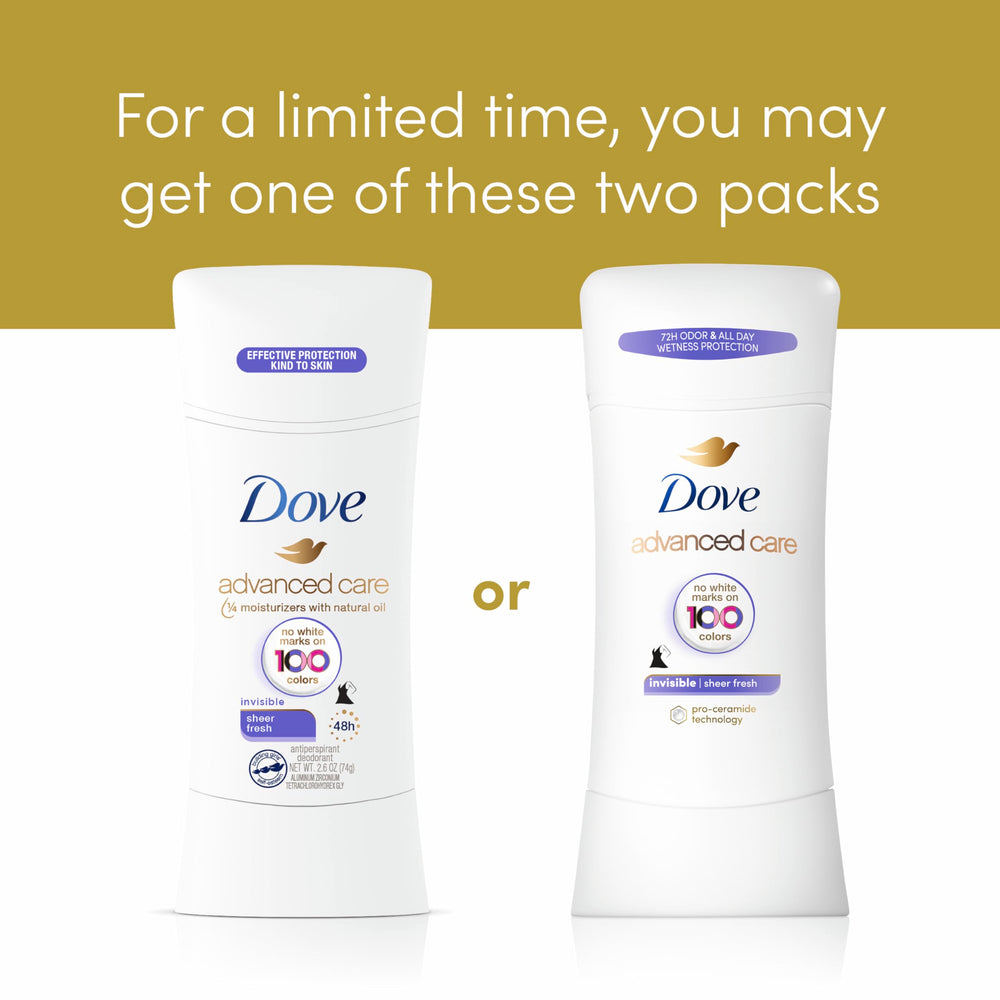 Dove Advanced Care 72-hour protection visual highlights long-lasting odor control.