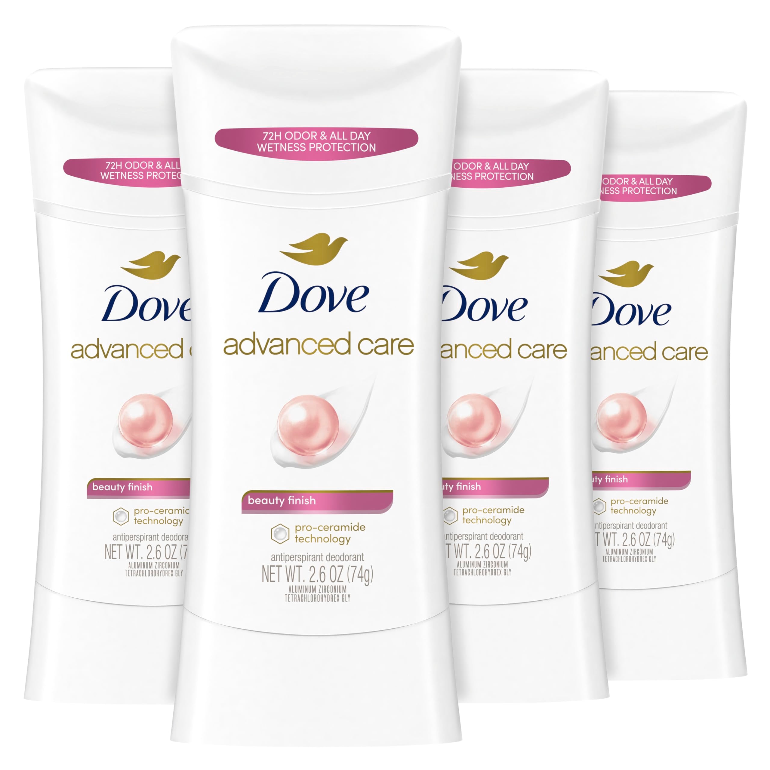 Dove Advanced Care Beauty Finish bottle shown for all-day protection.