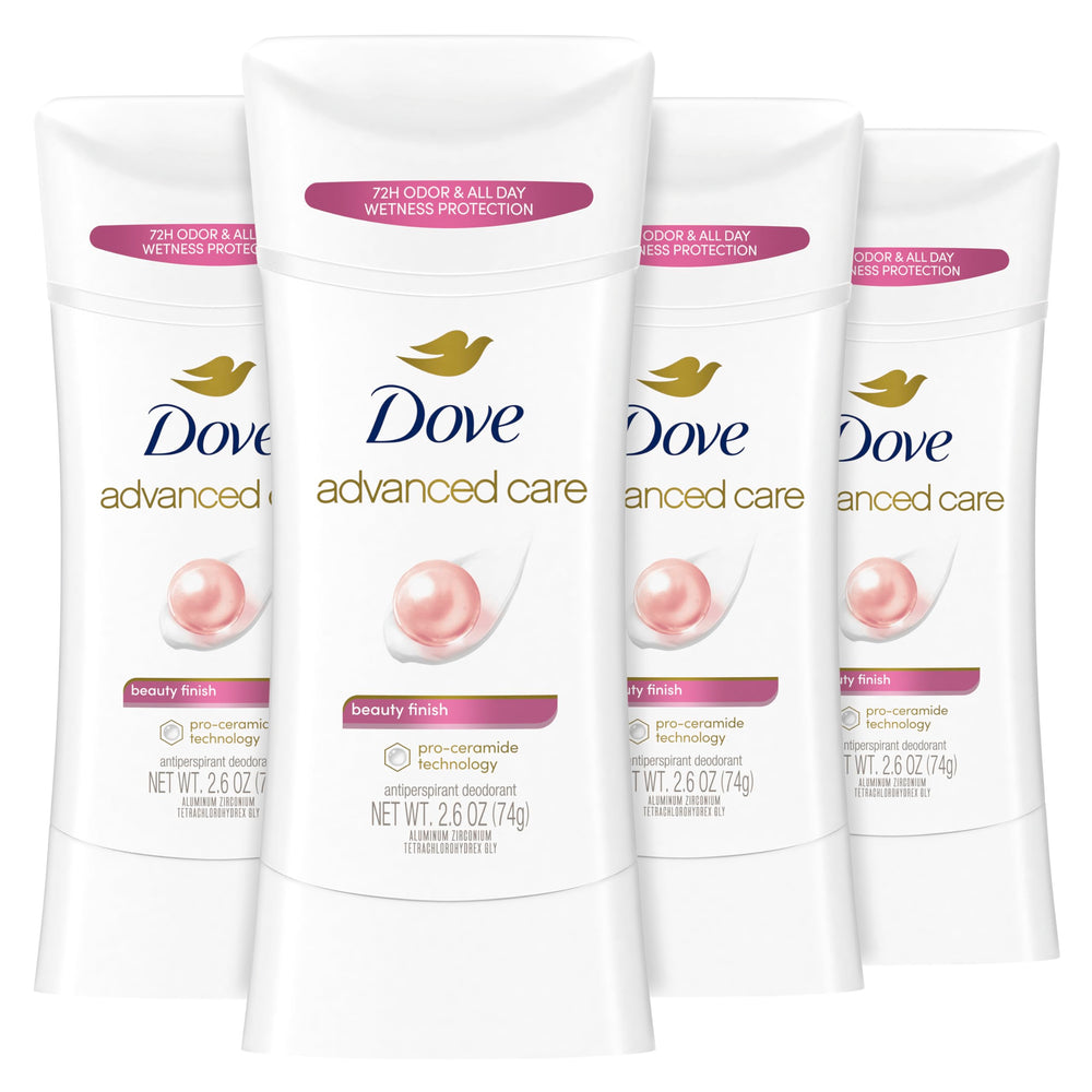 Dove Advanced Care Beauty Finish bottle shown for all-day protection.