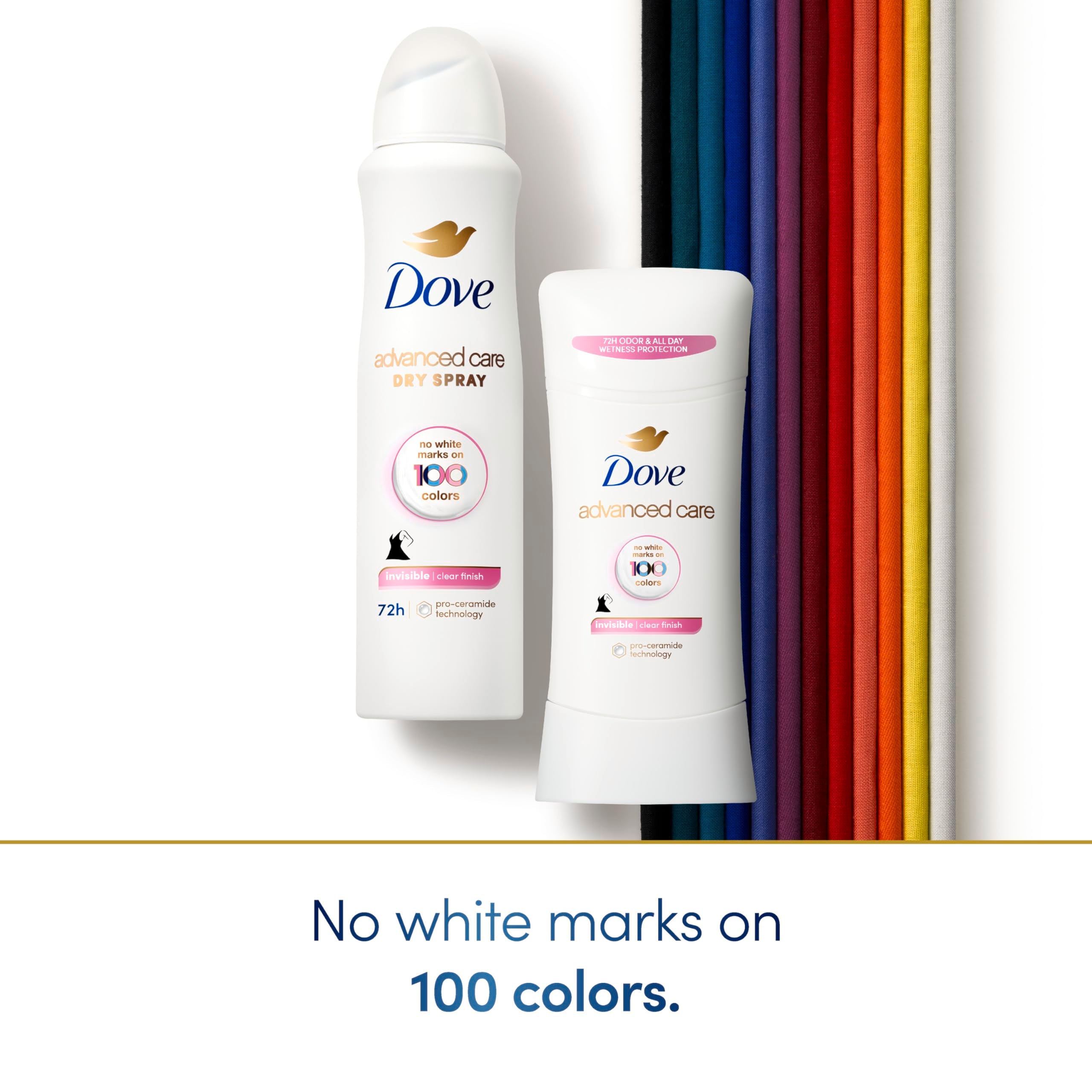 Dove Advanced Care Clear Finish Antiperspirant Spray tested on 100 colors shows stain-free wear
