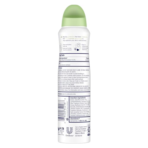 Dove Advanced Care Cool Essentials dry spray can closeup showing quick-dry formula.