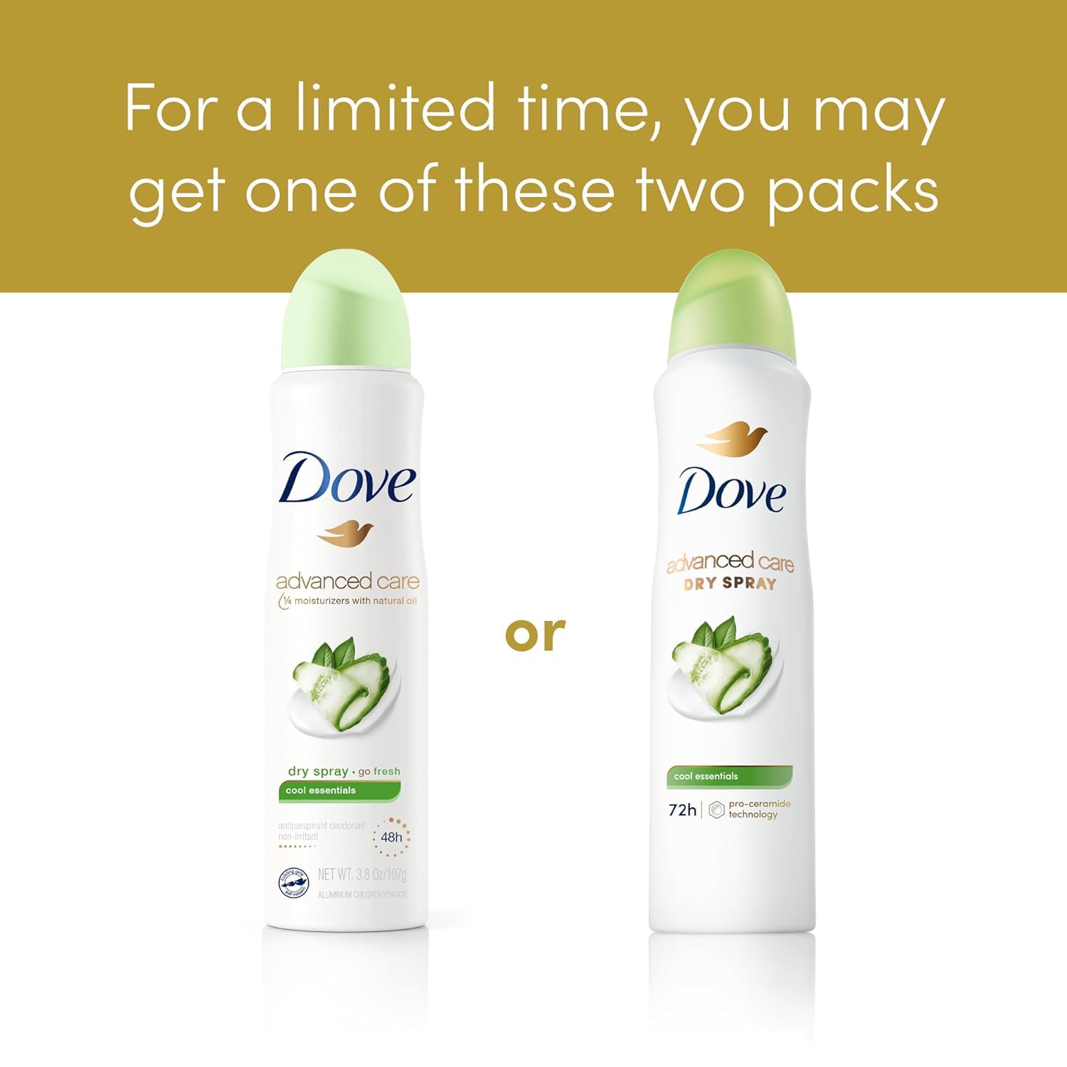 Dove Advanced Care Cool Essentials dry spray 72-hour protection close-up.