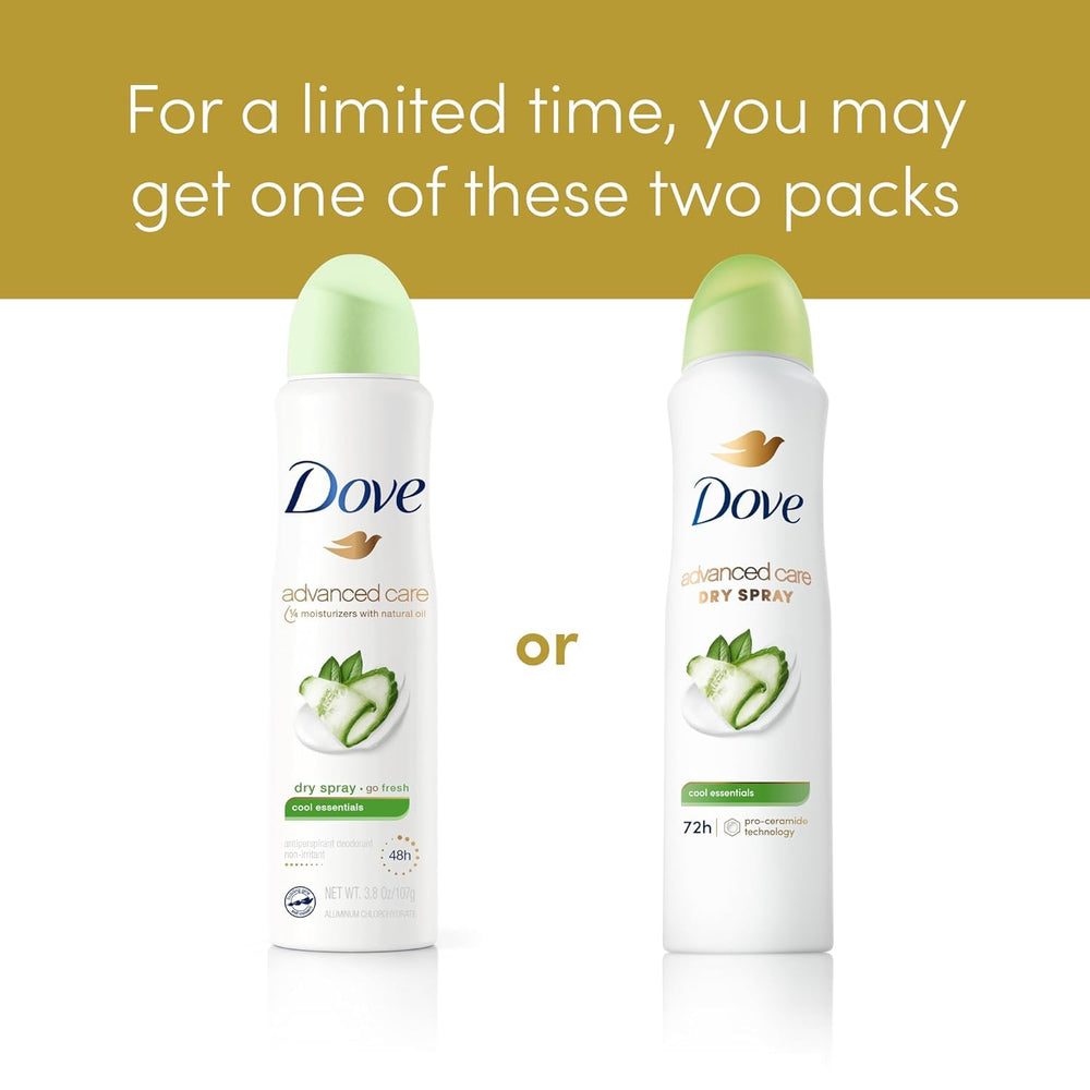 Dove Advanced Care Cool Essentials dry spray 72-hour protection close-up.