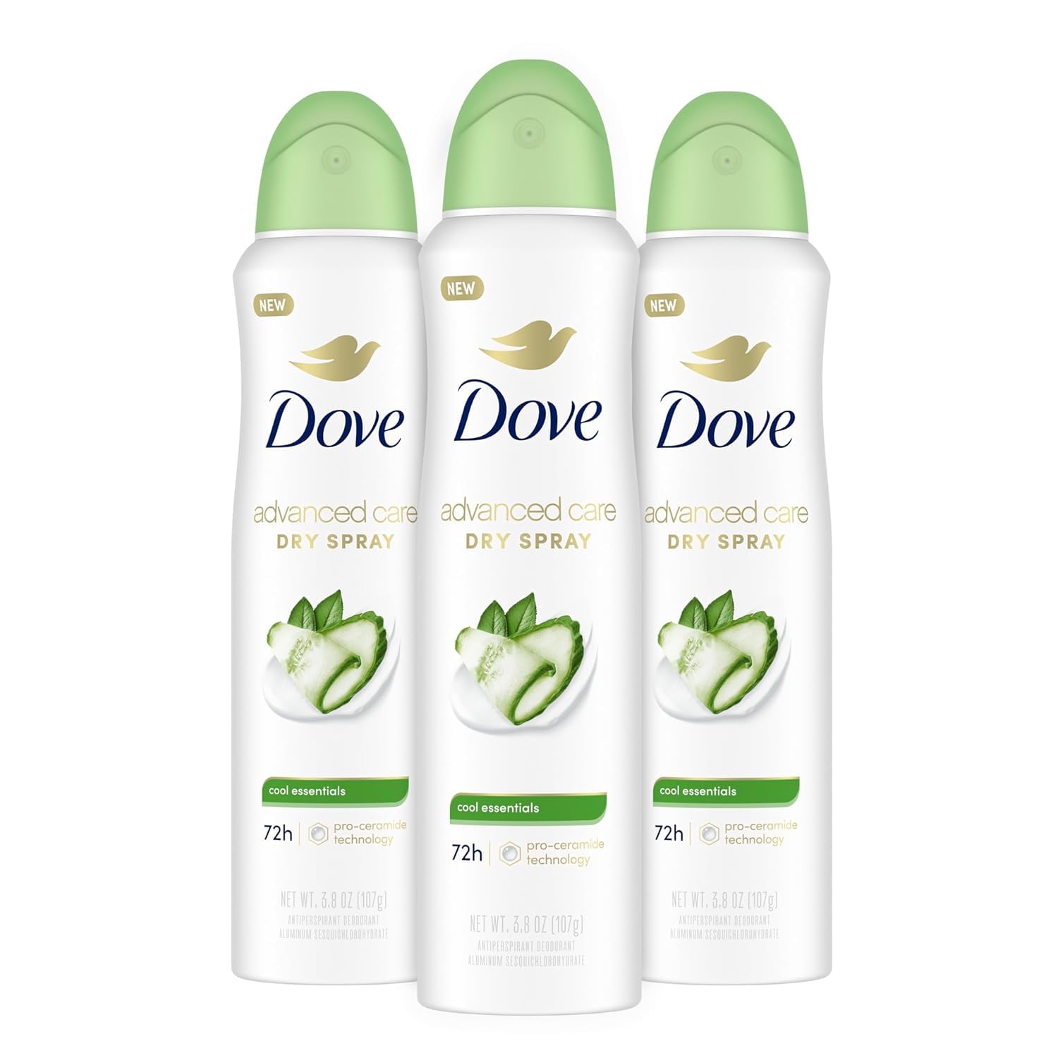 Dove Advanced Care Cool Essentials dry spray product shot highlighting all-day comfort.