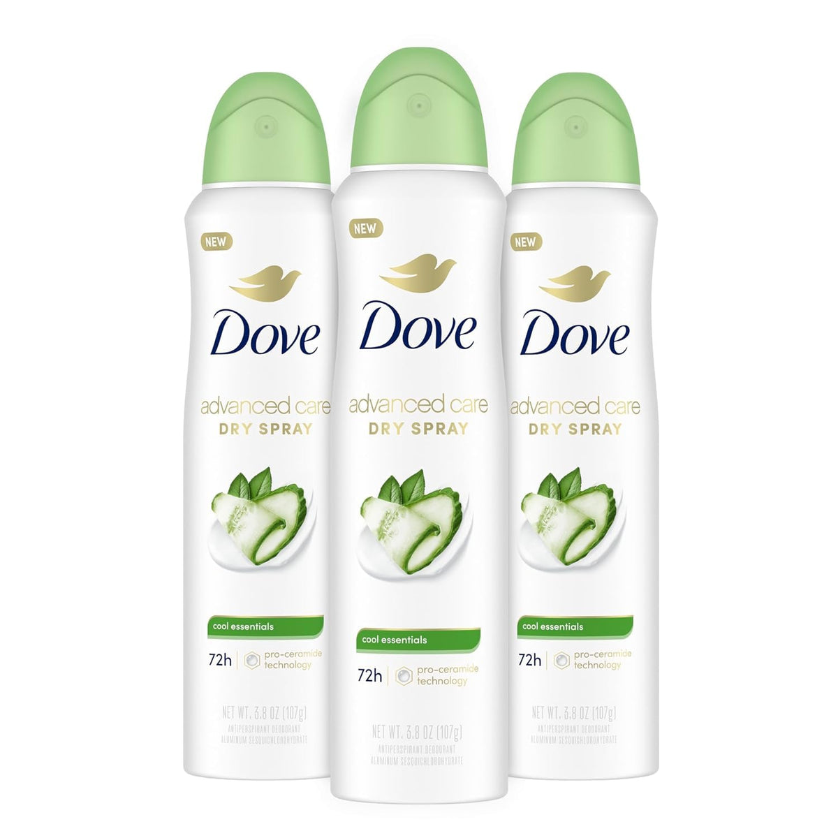 Dove Advanced Care Cool Essentials dry spray product shot highlighting all-day comfort.