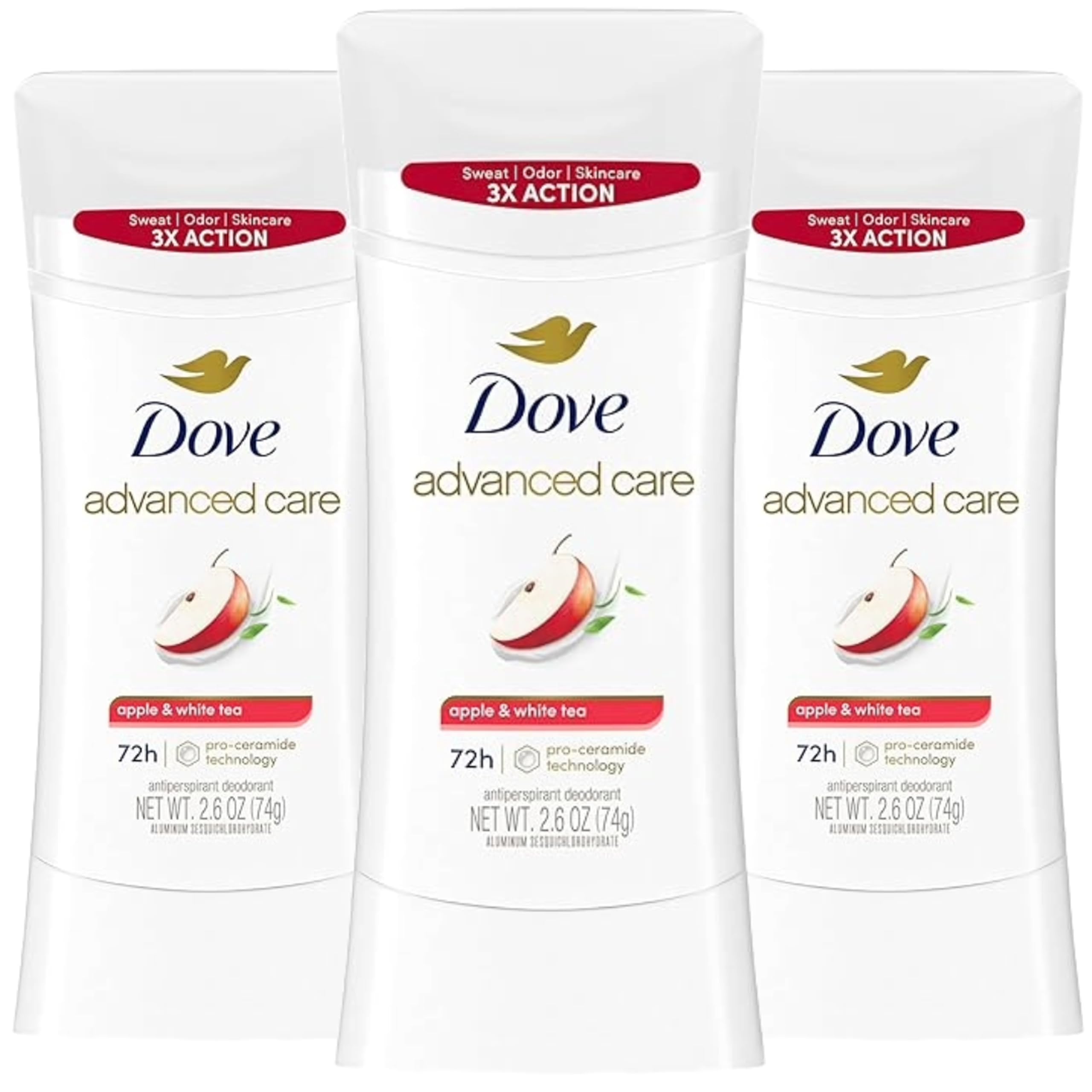 Dove Advanced Care Apple & White Tea deodorant stick application delivering lasting freshness