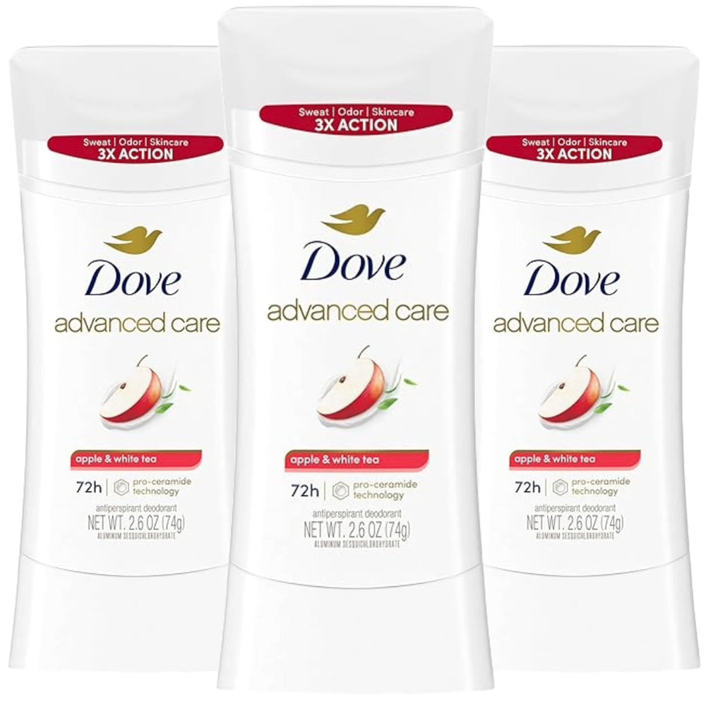 Dove Advanced Care Apple & White Tea deodorant stick application delivering lasting freshness