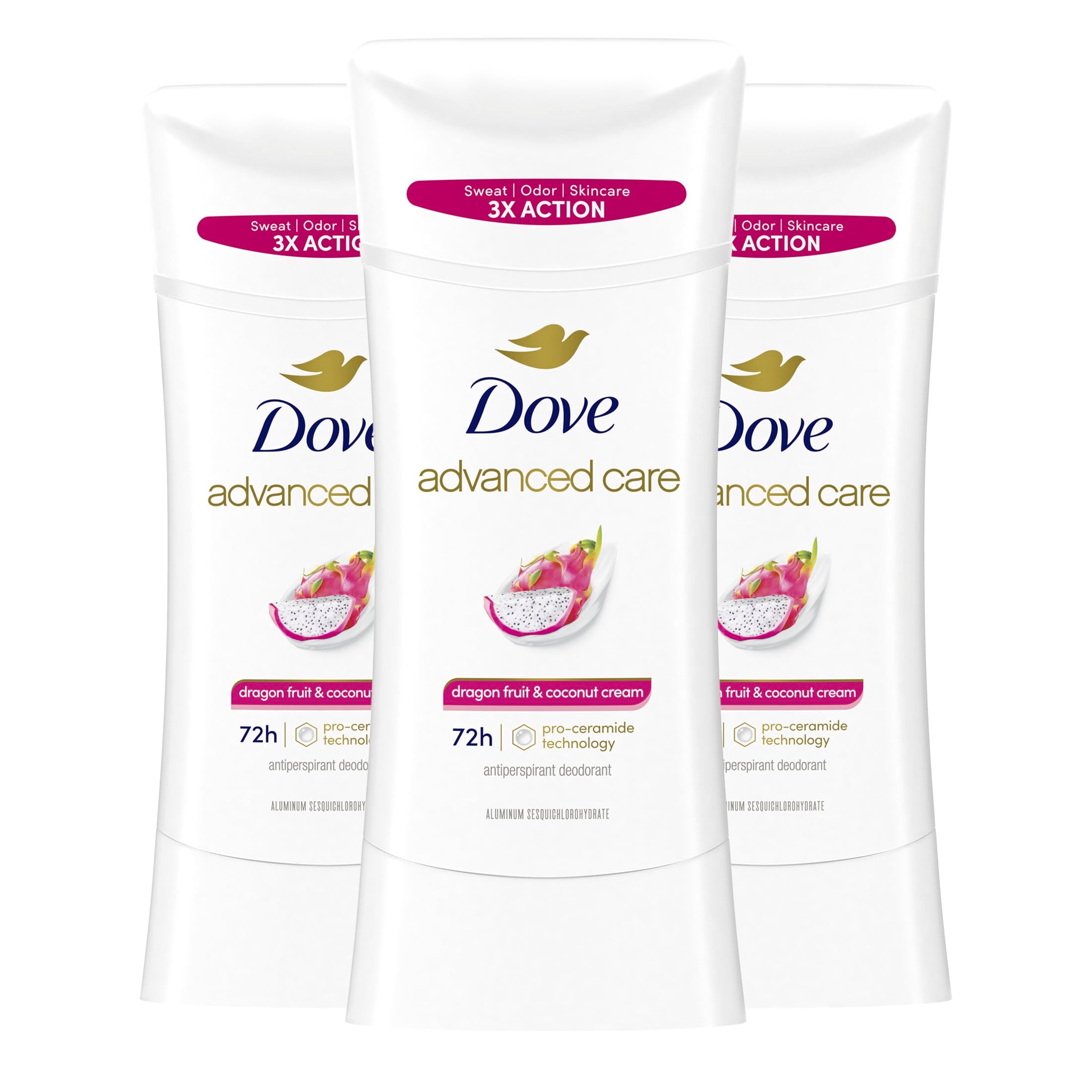 Dove Advanced Care Dragon Fruit & Coconut Stick front view showing soft, resilient underarms.