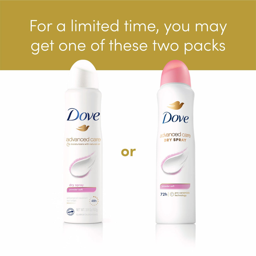 Dove Advanced Care visual emphasizes quick-drying spray for comfort.
