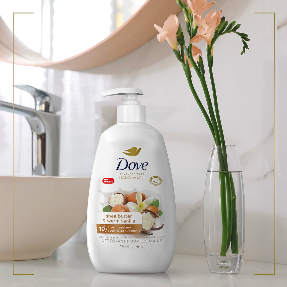 Pack of four 12 oz Dove hand wash bottles with sustainable packaging