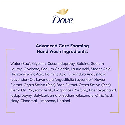 Dove Advanced Care Lavender Rice Milk foam on skin suggests lasting softness