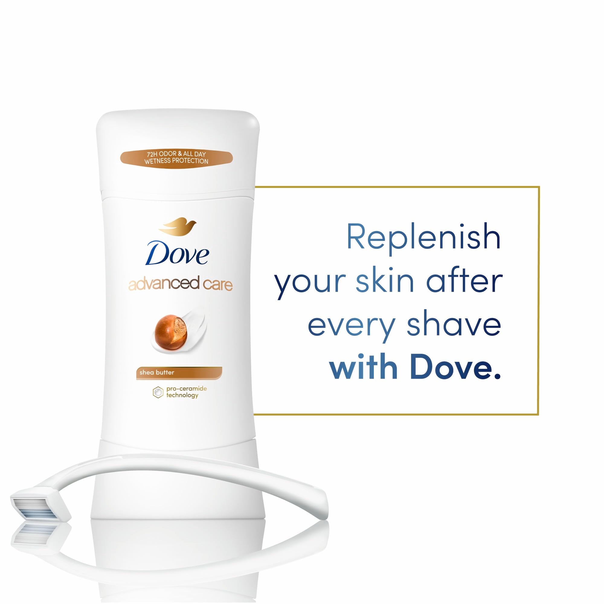 Dove Advanced Care odor control up to 72 hours underarm protection.
