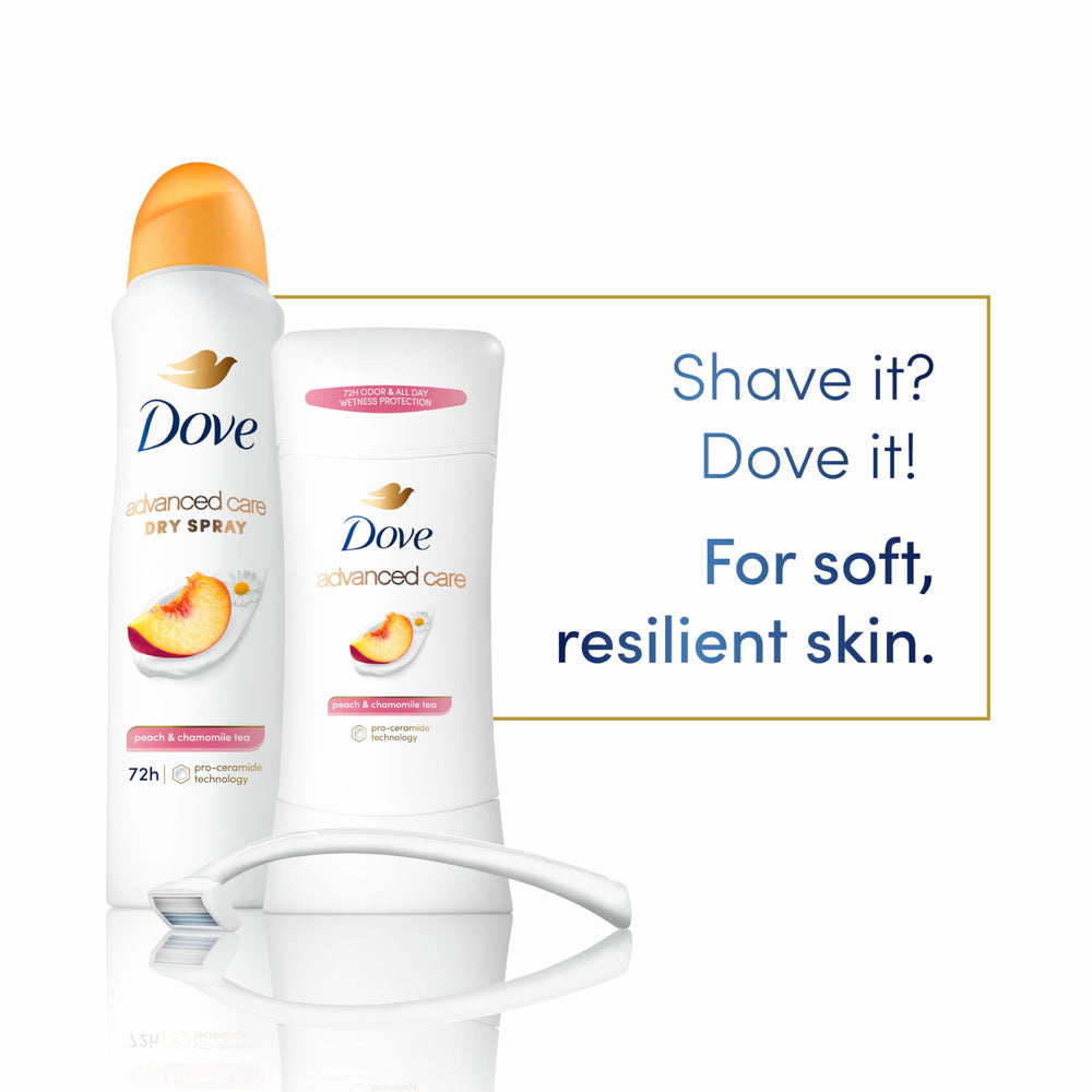Dove Advanced Care Peach & Chamomile Tea long-lasting protection visual emphasizes 72-hour odor control.