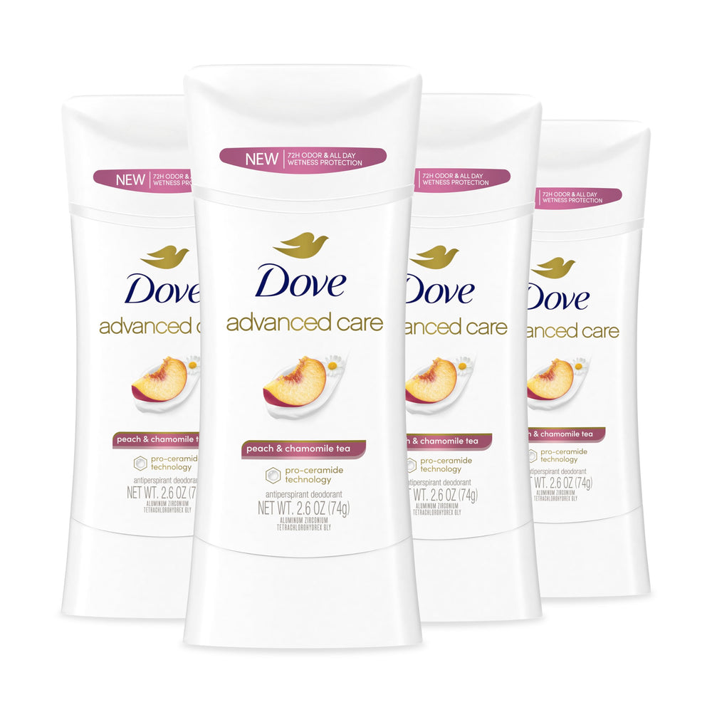Dove Advanced Care Peach & Chamomile Tea packaging promotes daily underarm care for soft, resilient skin.