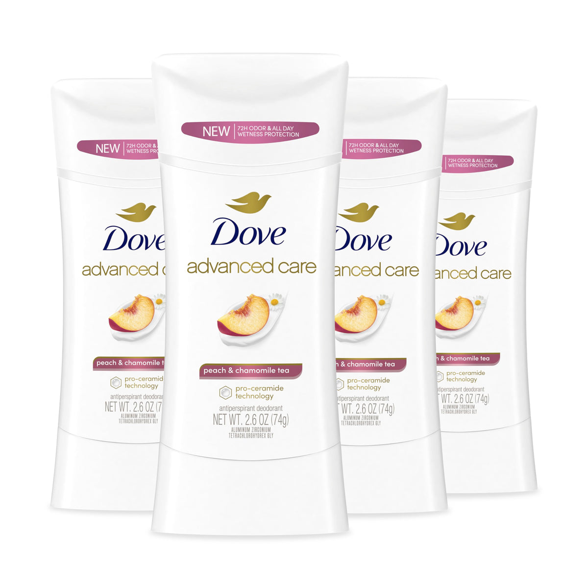 Dove Advanced Care Peach & Chamomile Tea packaging promotes daily underarm care for soft, resilient skin.