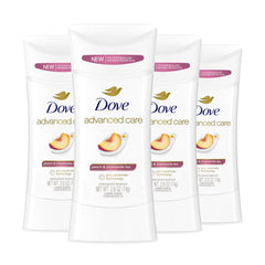 Dove Advanced Care Peach & Chamomile Tea packaging promotes daily underarm care for soft, resilient skin.