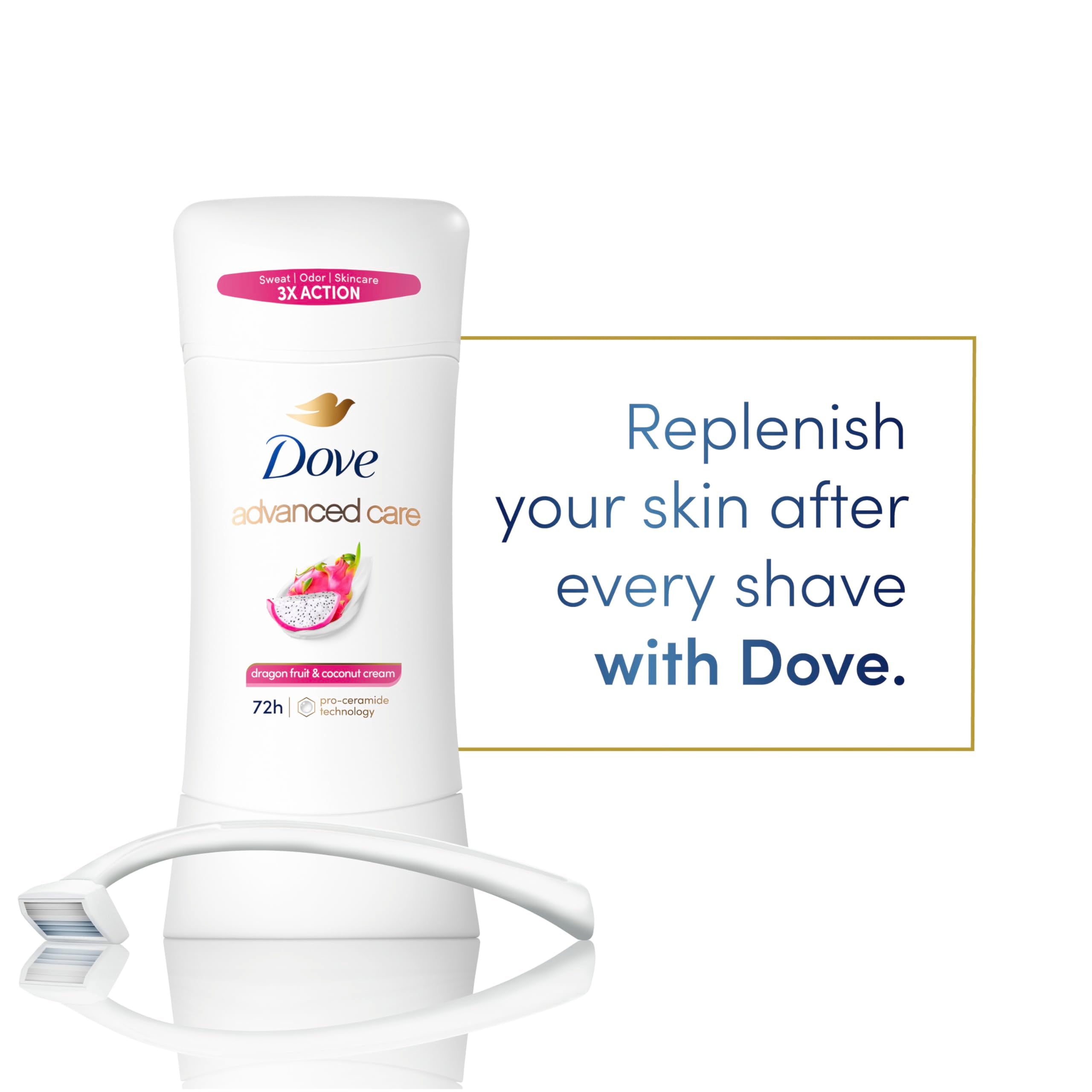 Dove Advanced Care Pro Ceramide Technology graphic highlighting skin barrier support for daily care.